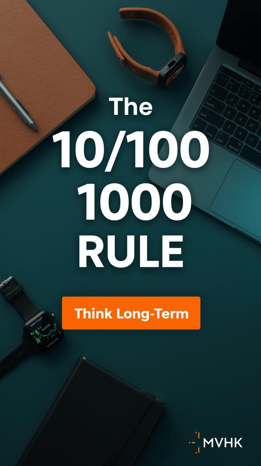 Smart workspace with biofeedback tech representing the 10/100/1000 rule decision-making model.