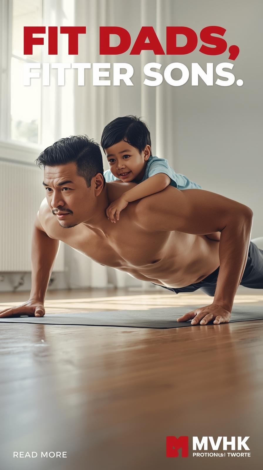 Father doing pushups with son on his back — epigenetic inheritance of fitness