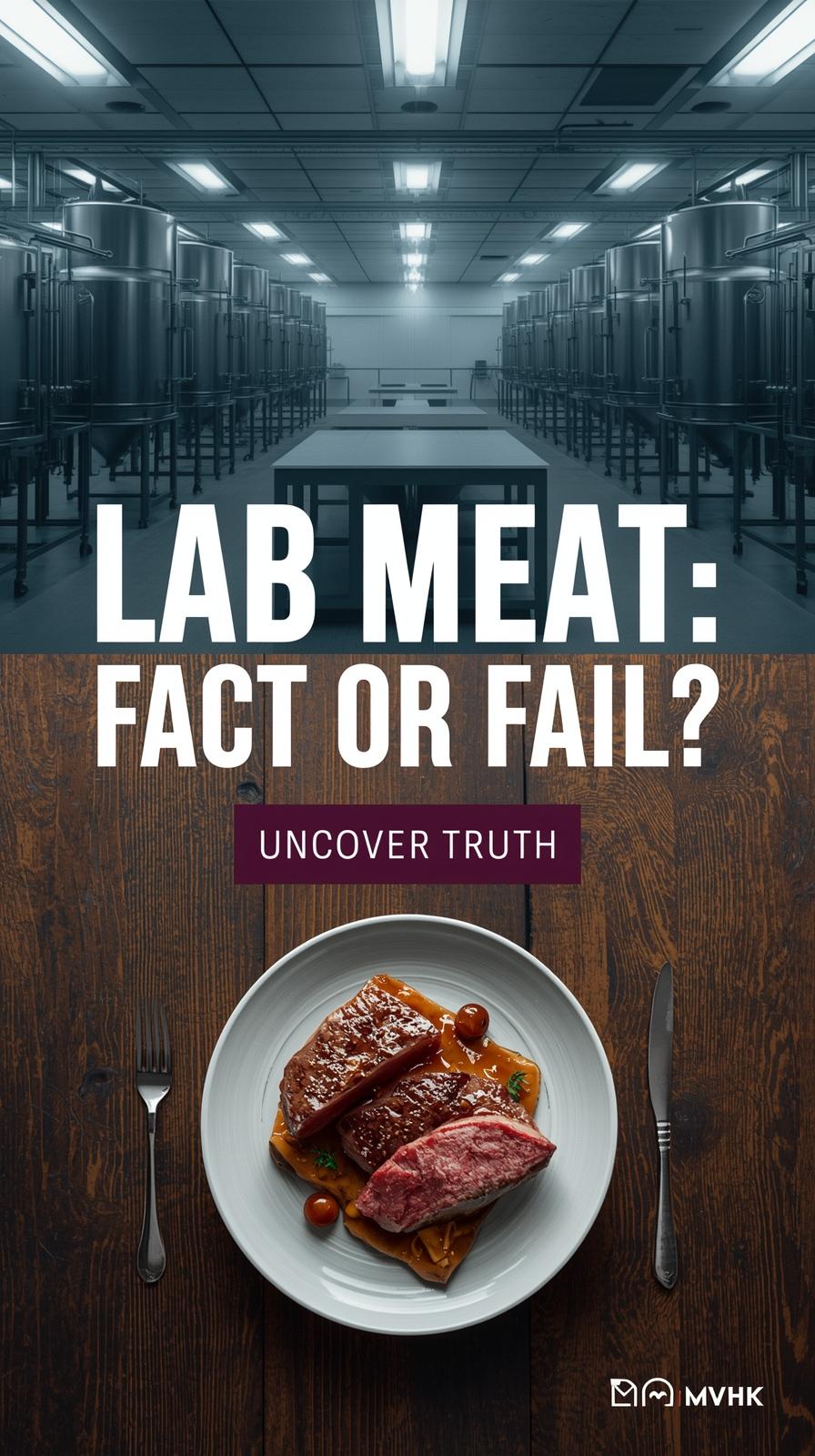 Photorealistic lab scene and plated dish showing cultured meat with headline “Lab Meat: Fact or Fail?”