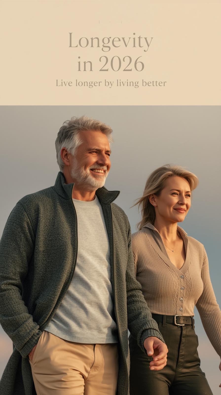 A healthy man and woman in their 50s walking confidently into soft morning light, subtle sunlight glow, calm and optimistic mood.