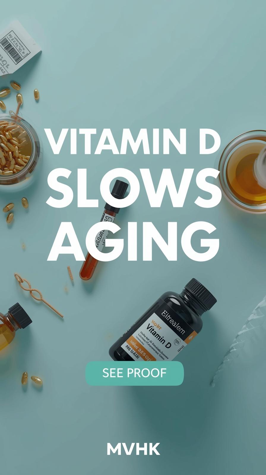 Vitamin D supplement with DNA helix illustrating telomere preservation and healthy aging