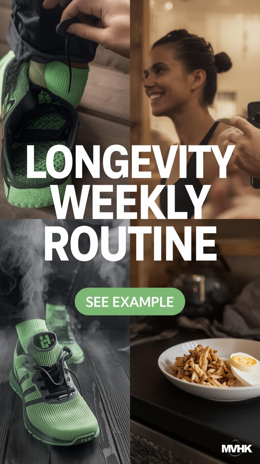 Example of a weekly longevity routine with exercise, sauna, diet, and supplements