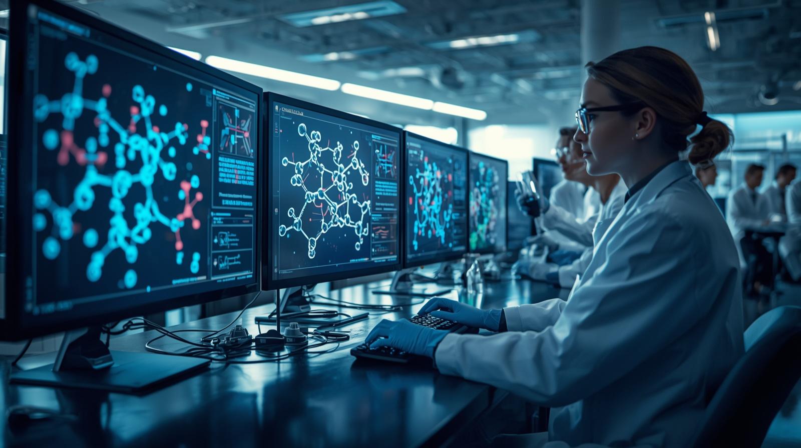 AI analyzing molecules in futuristic lab for anti-aging drug discovery