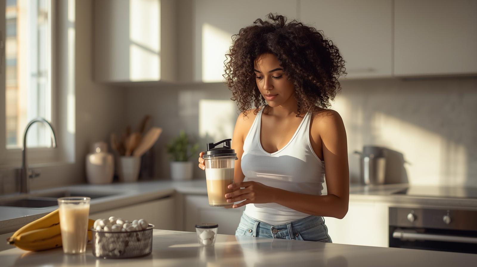 protein powder shake in modern kitchen longevity nutrition