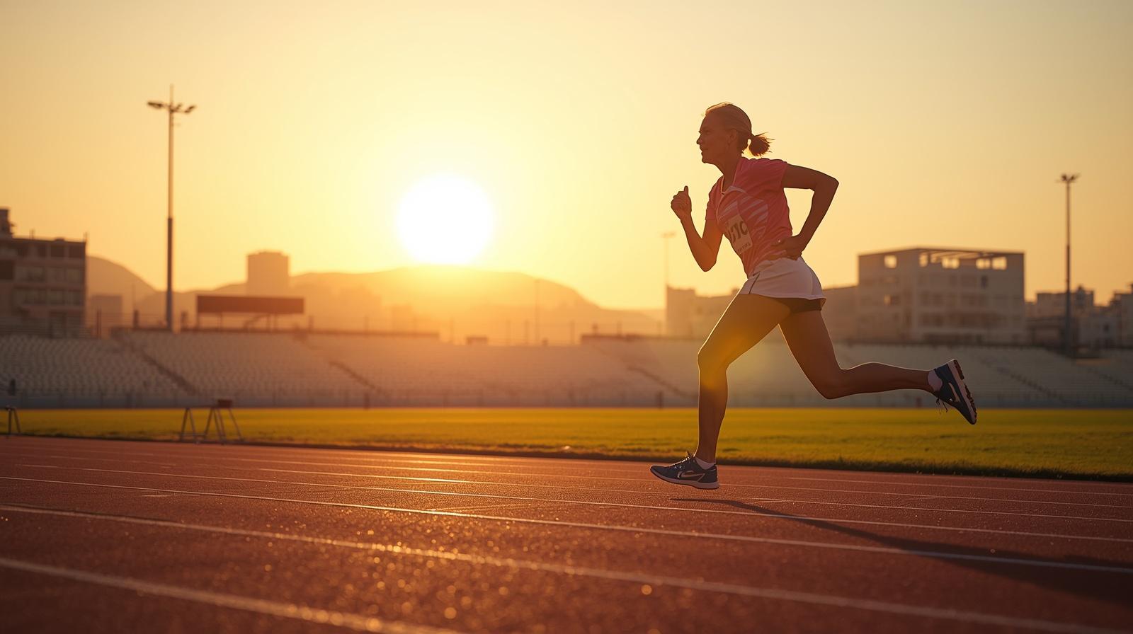 Masters athlete running on track at sunrise demonstrating healthy aging and endurance performance
