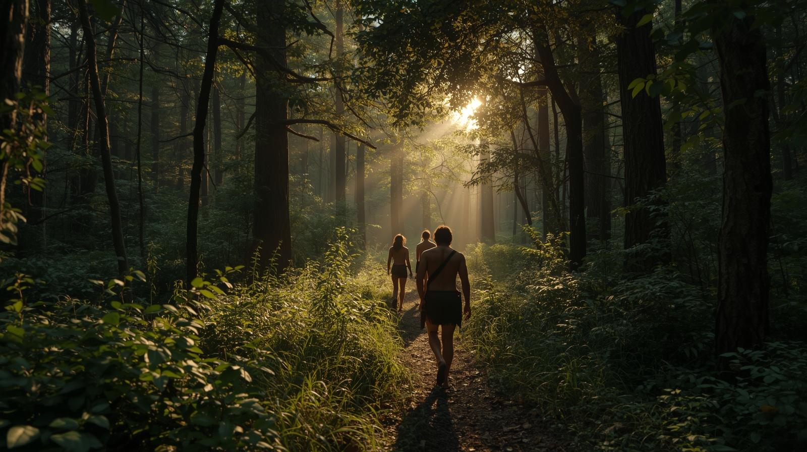 Early humans moving between forest shade and natural sunlight in an ancestral light environment