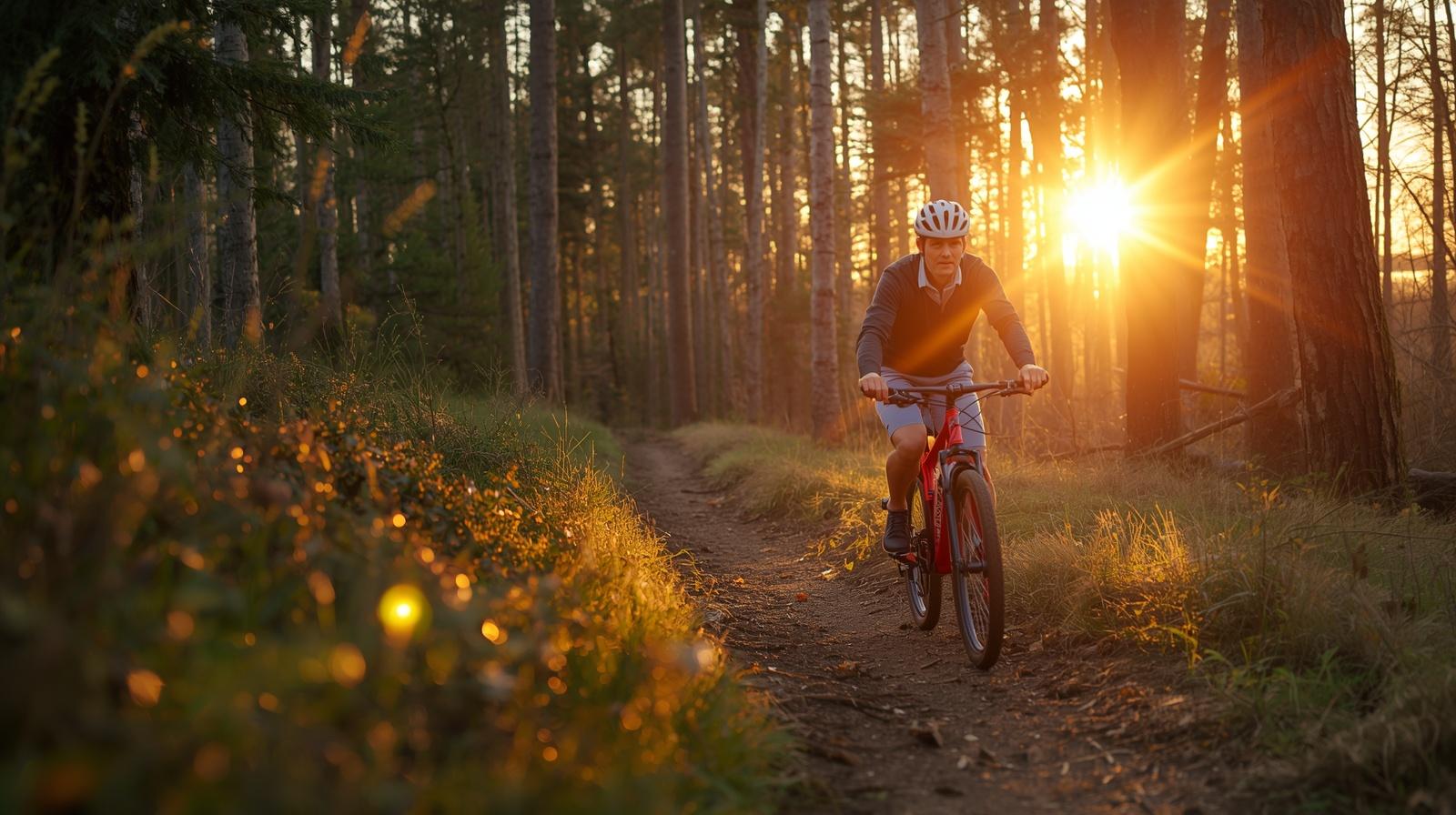 Healthy adult biking outdoors at sunrise for longevity-focused fitness