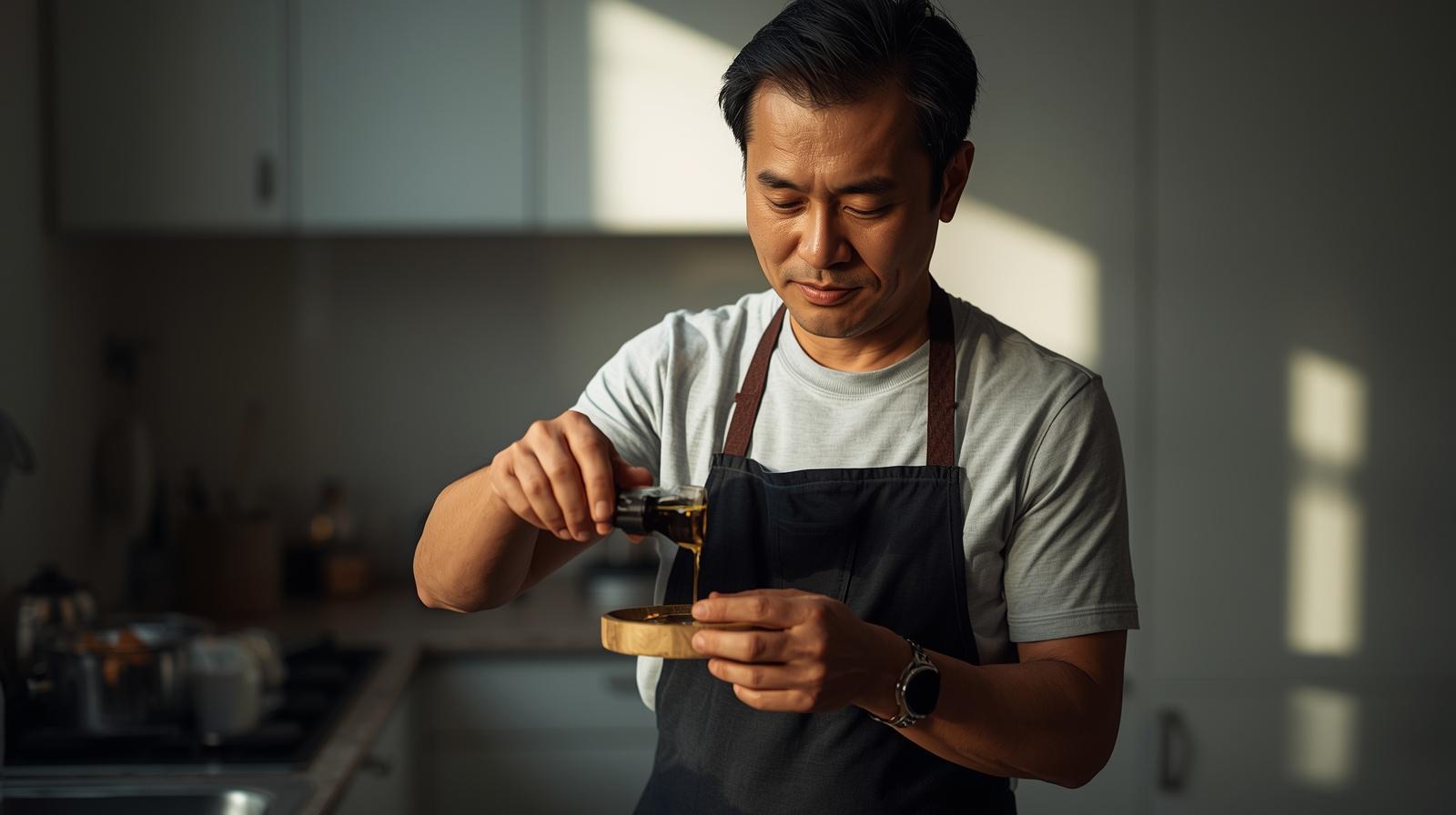 man taking omega-3 supplement in morning light