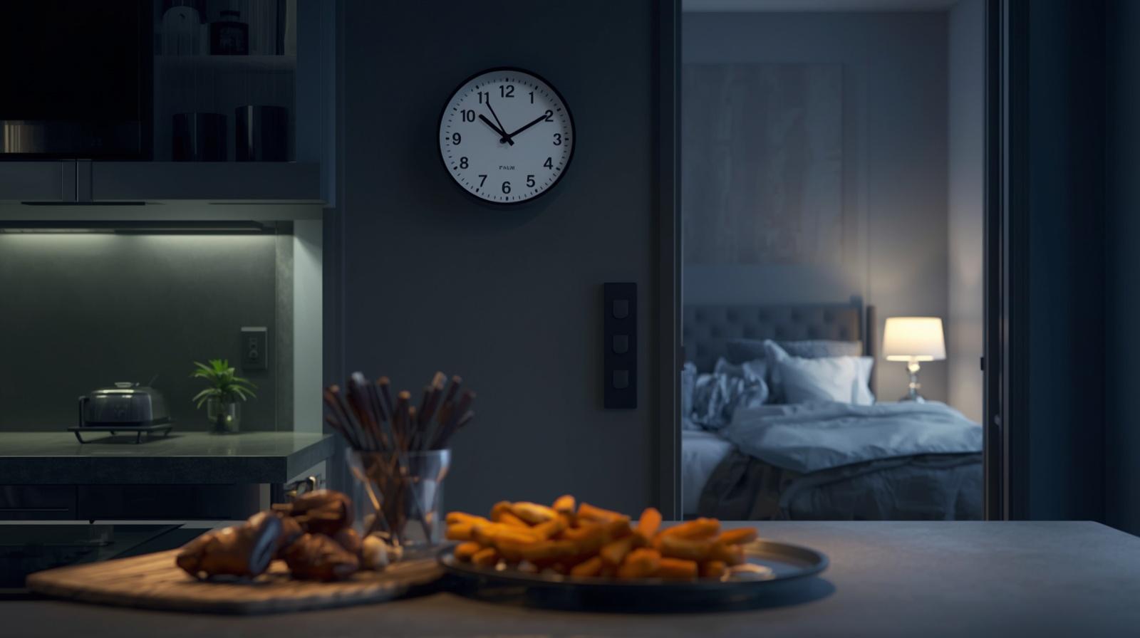 Modern kitchen at night with untouched snacks and a bedside clock showing 3 AM representing late eating and sleep disruption