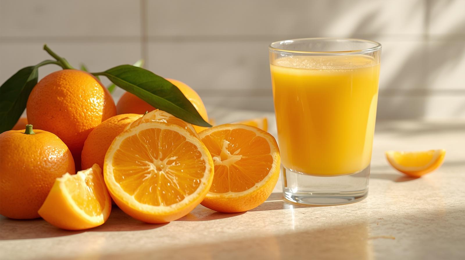 Whole oranges beside a glass of orange juice on a kitchen counter