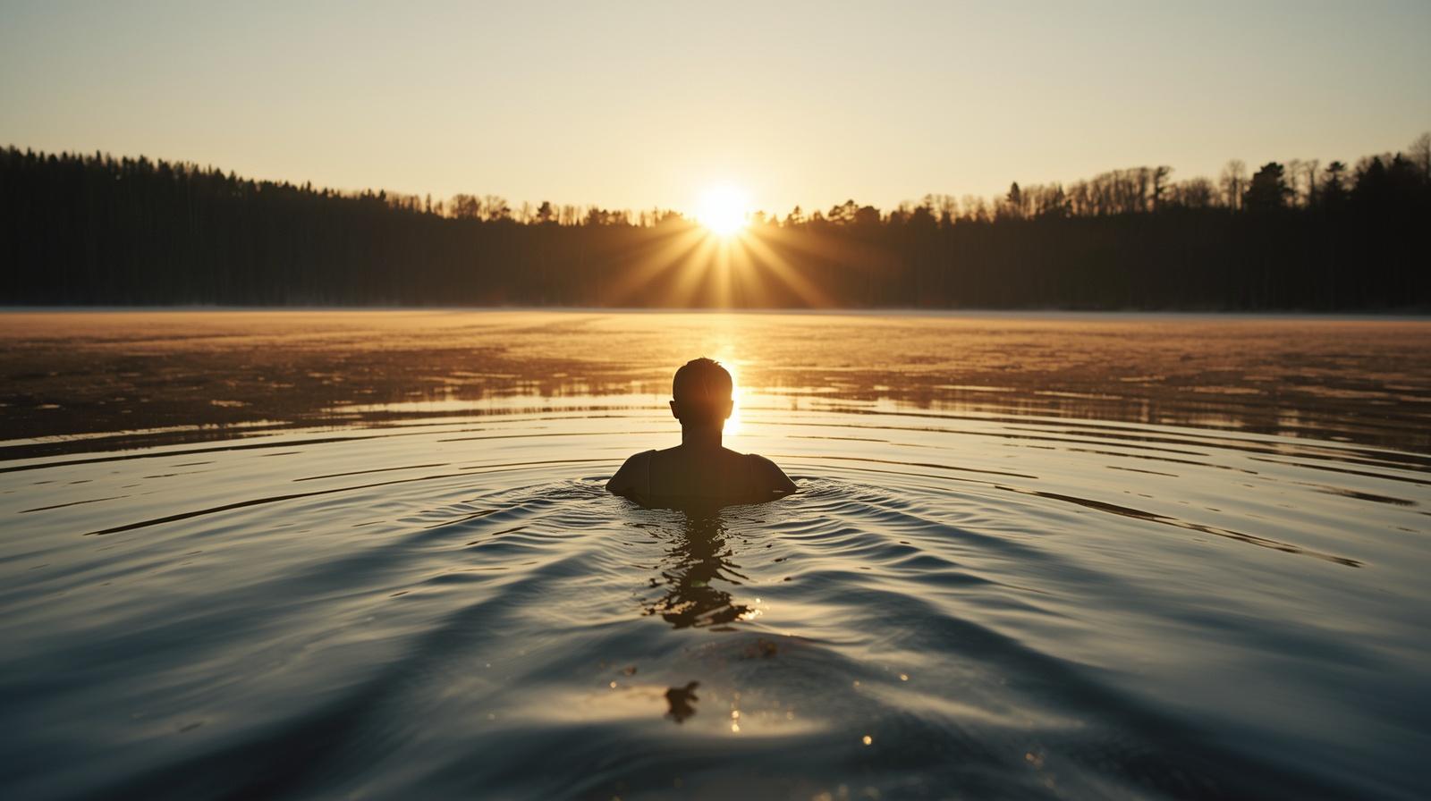 Healthy adult entering a cold lake at sunrise during a cold exposure routine.