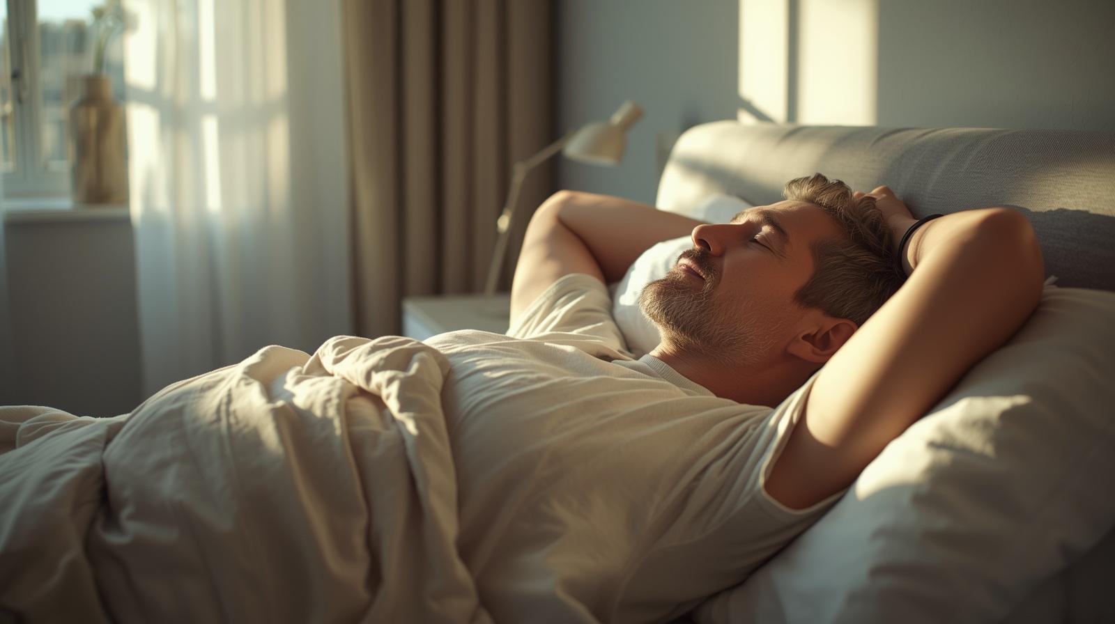 Adult waking refreshed in natural morning sunlight demonstrating healthy sleep quality and recovery.