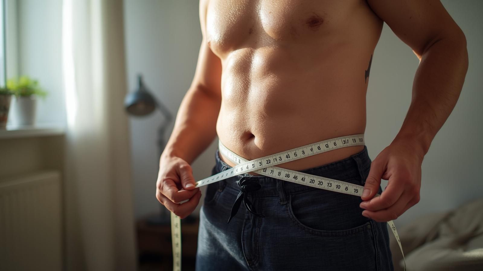 Healthy middle-aged adult measuring waist circumference to calculate waist-to-height ratio and assess longevity-related health risk.