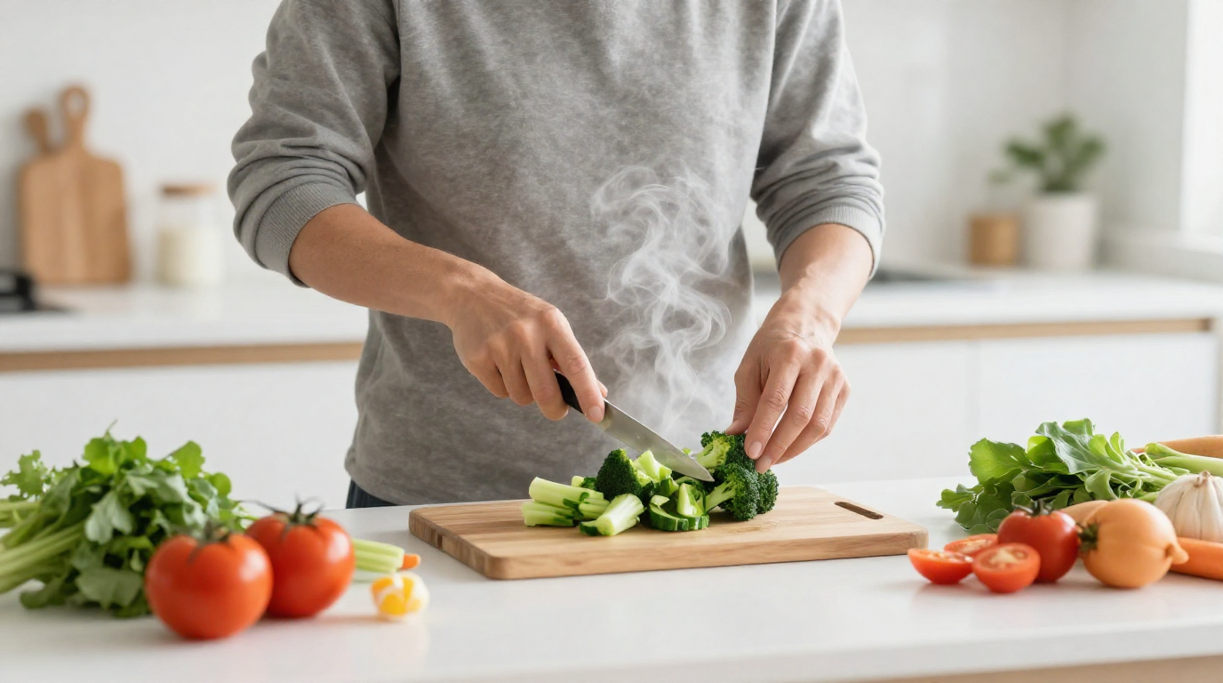 Healthy adult preparing low-AGE whole foods in a bright kitchen to support healthy aging and reduce inflammation.