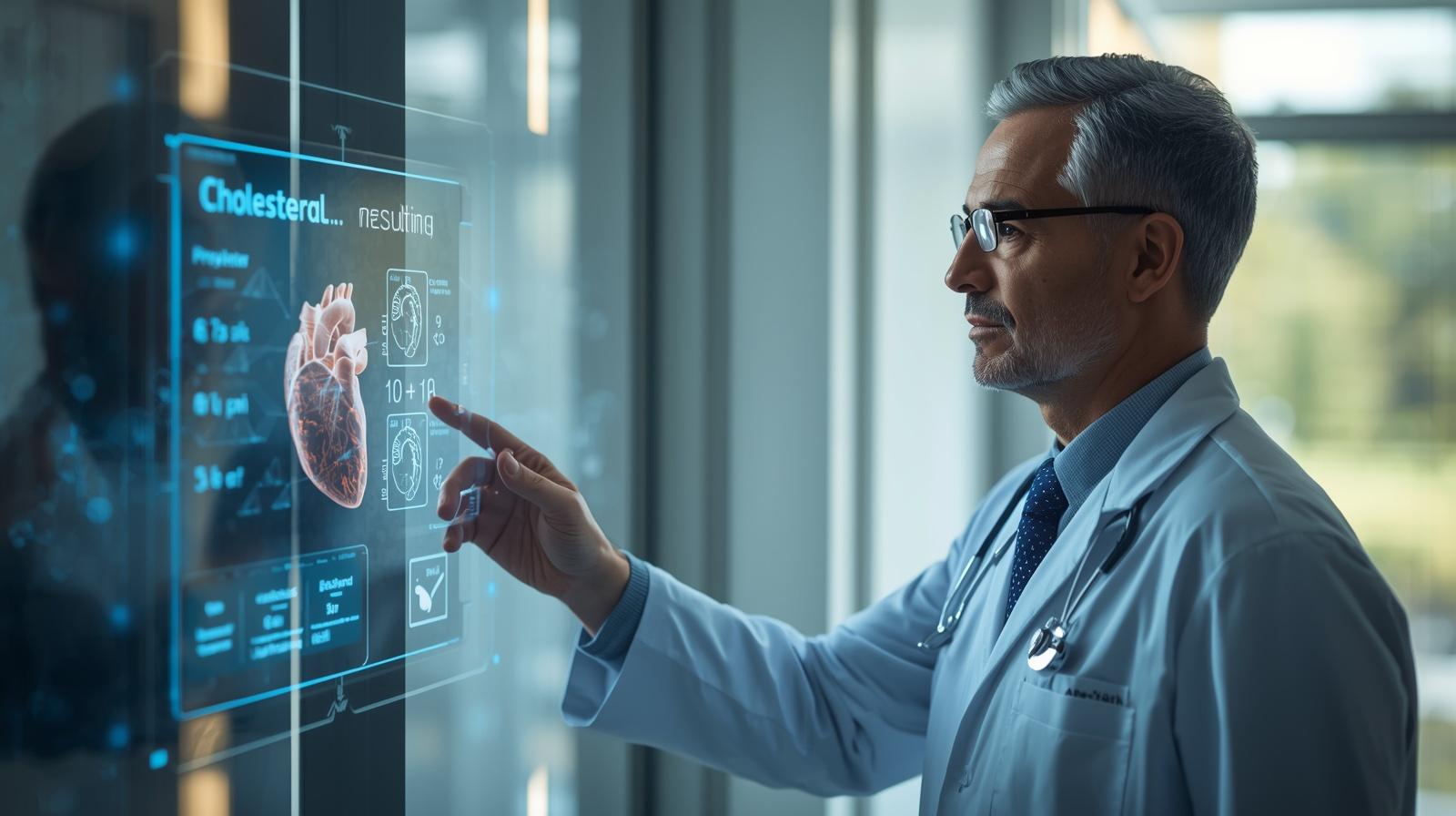 Cardiologist reviewing cholesterol biomarkers alongside advanced gene-editing technology.