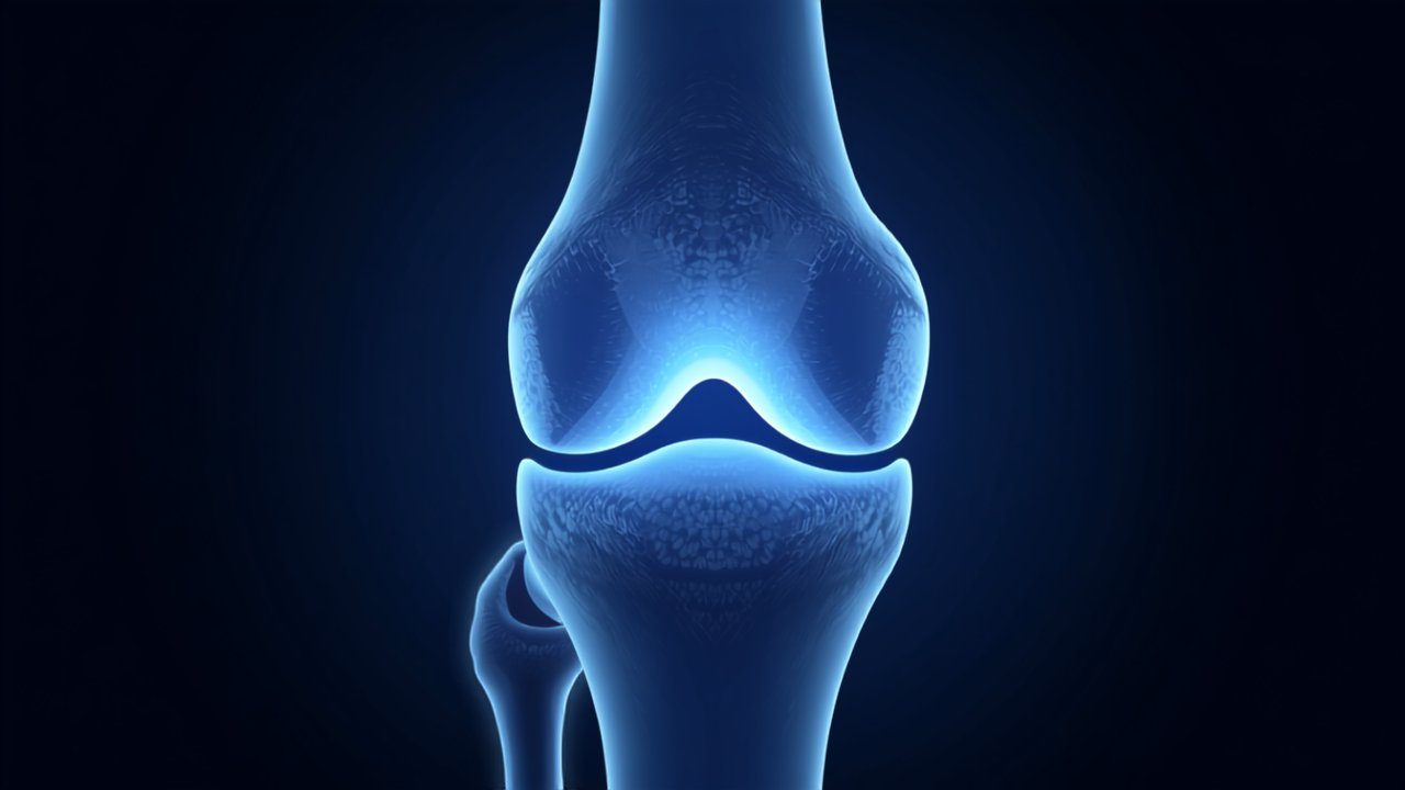 Human knee joint illustration showing cartilage restoration from Stanford's 2025 Science study on 15-PGDH inhibition and articular cartilage regeneration