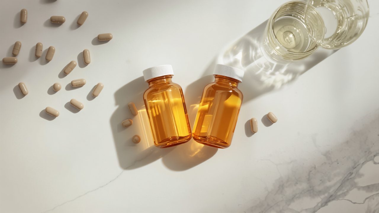 Supplement bottles and capsules — GlyNAC aging hallmarks research