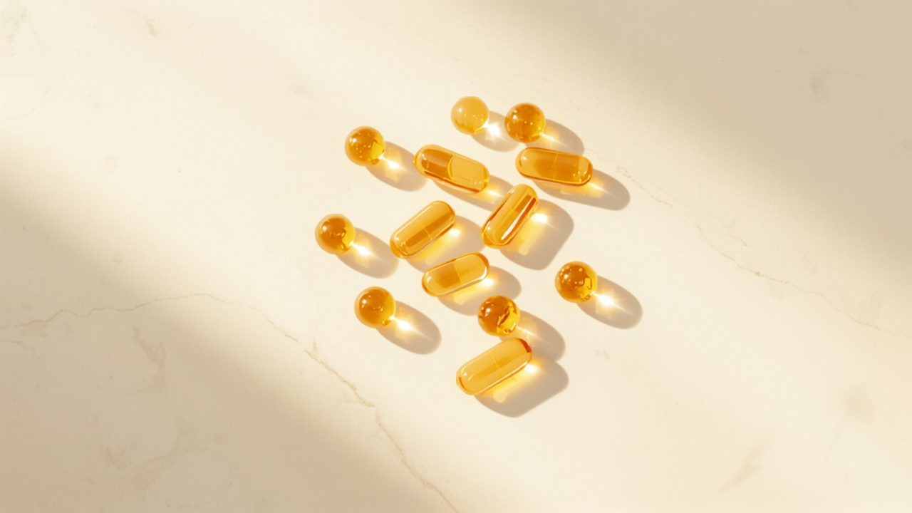 Vitamin D3 capsules on marble surface — telomere aging research