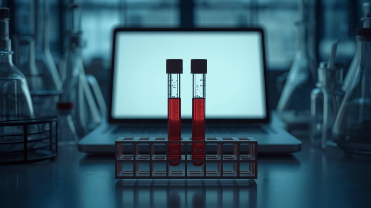 Two identical blood sample tubes side by side in a rack on a laboratory bench in soft daylight