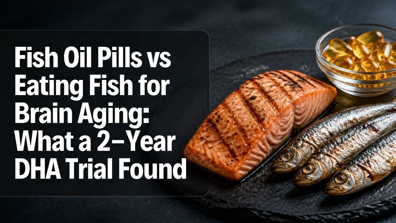 Grilled salmon fillet and sardines on a slate board beside a dish of fish oil capsules, with the article title